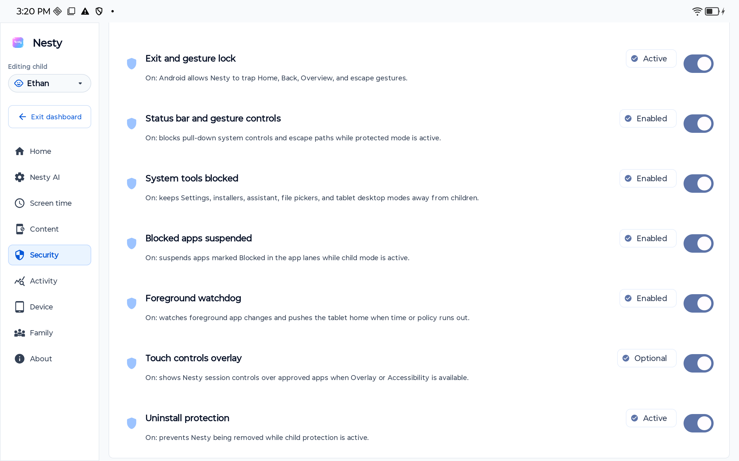 Nesty device security controls for gesture lock, blocked apps, and uninstall protection