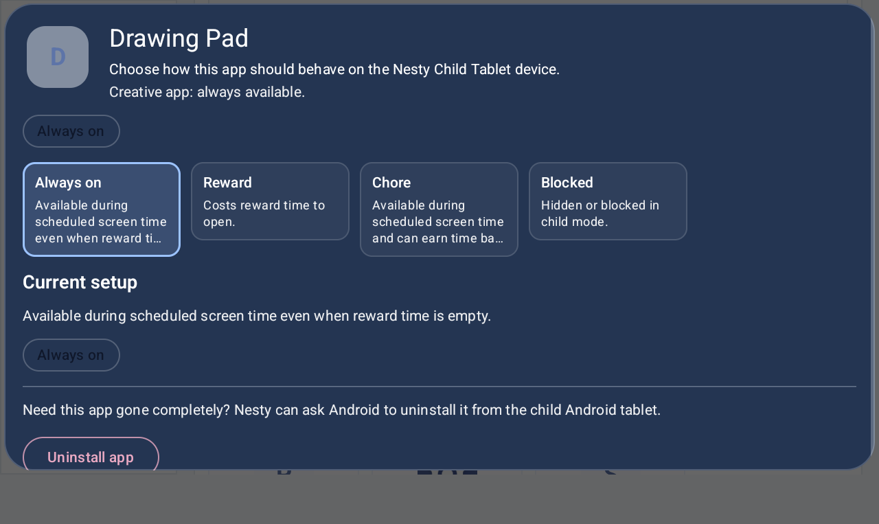 Nesty lane chooser for assigning an app to a child tablet rule