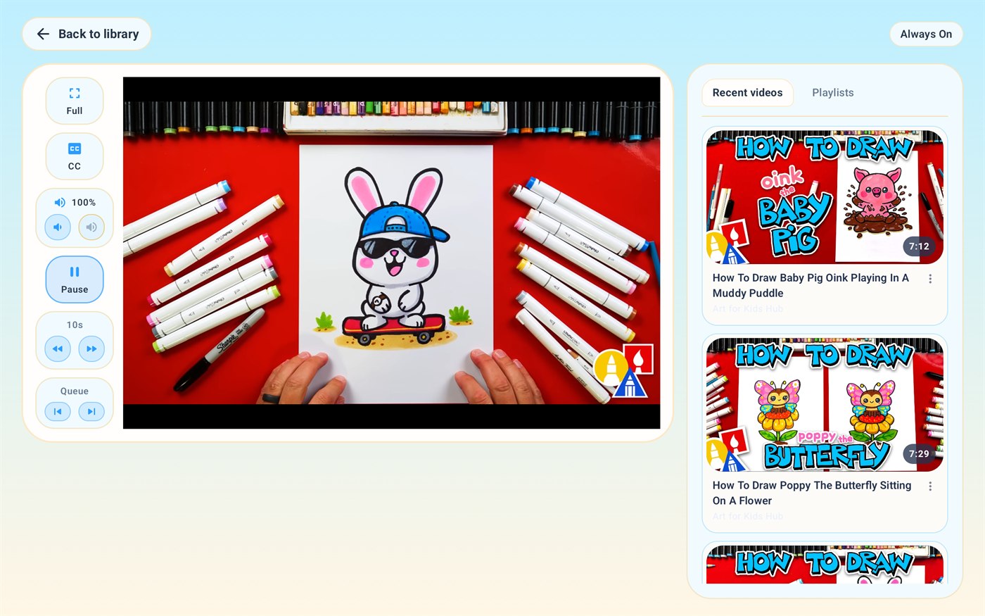 Nesty child tablet showing KidTube videos and compact player controls